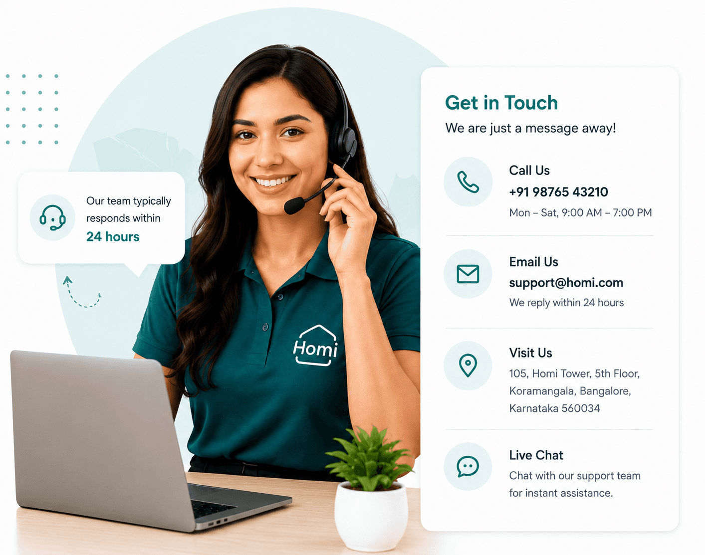 Homi Support Team and Get in Touch Card